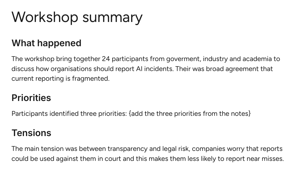 A made-up workshop summary, before Claude's review.